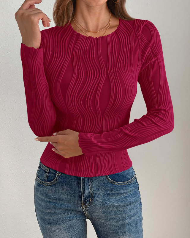 Слим-фит тениска с жакардова шарка и райета, дълги ръкави, полиестер, кръгло деколте, пролет 2024