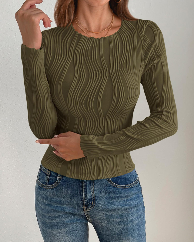 Слим-фит тениска с жакардова шарка и райета, дълги ръкави, полиестер, кръгло деколте, пролет 2024