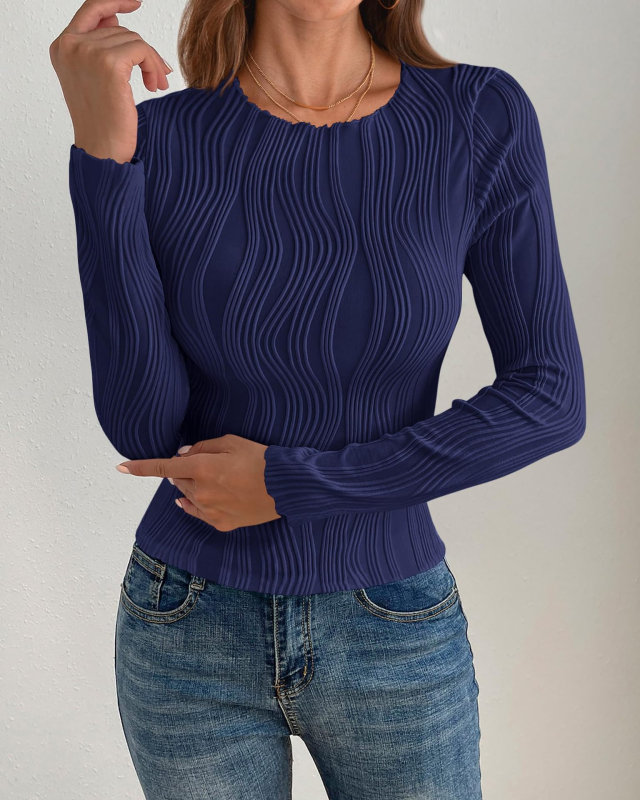 Слим-фит тениска с жакардова шарка и райета, дълги ръкави, полиестер, кръгло деколте, пролет 2024