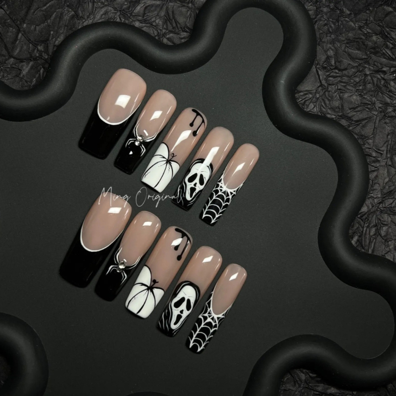 MOSR unghii false, design Halloween cu pânză de păianjen, purtabile, model Cartoon (Q0025-30 • Stil: Vintage, French, Ice Transparent, Minimalist • Design: Wearable • Model: Cartoon)