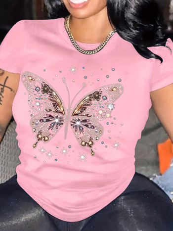 Дамска тениска с принт на панделка, кръгло деколте, къс ръкав, памук-полиестер смес 90-95%, свободна кройка