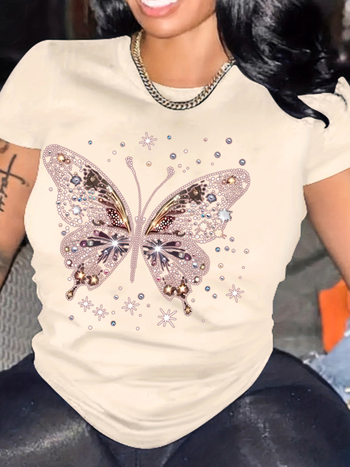 Дамска тениска с принт на панделка, кръгло деколте, къс ръкав, памук-полиестер смес 90-95%, свободна кройка