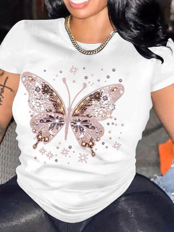 Дамска тениска с принт на панделка, кръгло деколте, къс ръкав, памук-полиестер смес 90-95%, свободна кройка