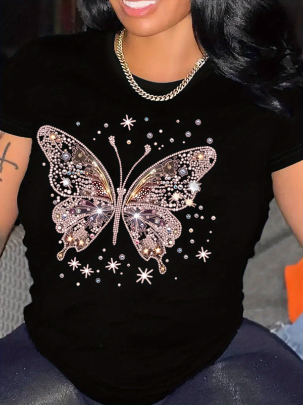 Дамска тениска с принт на панделка, кръгло деколте, къс ръкав, памук-полиестер смес 90-95%, свободна кройка