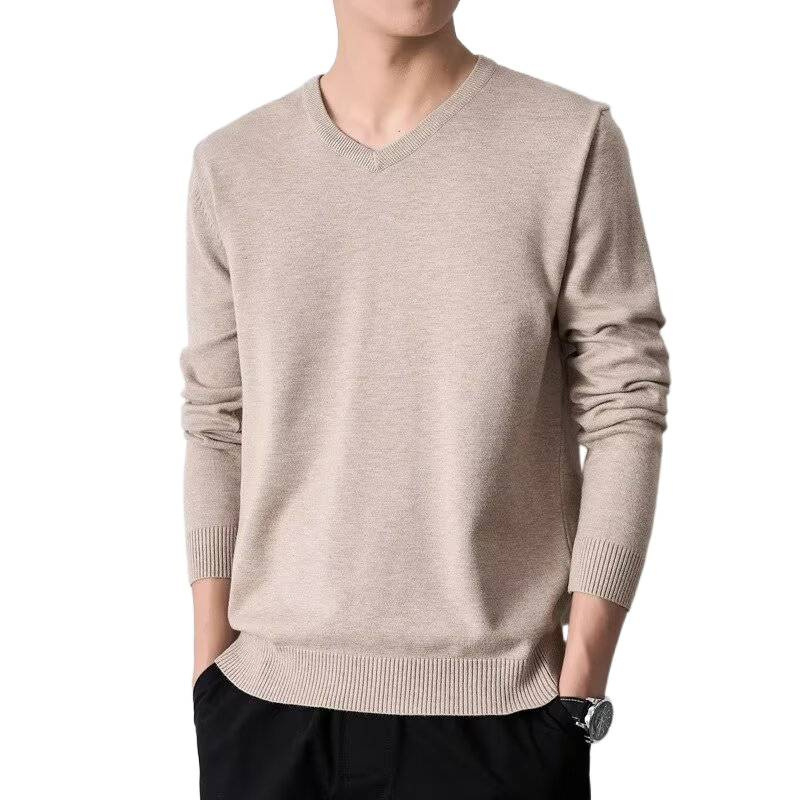 Пуловер от плетиво с V-образно деколте, мъжки, втален модел, дълъг ръкав, средна дебелина, есенно-зимен, синтетична смес с акрил