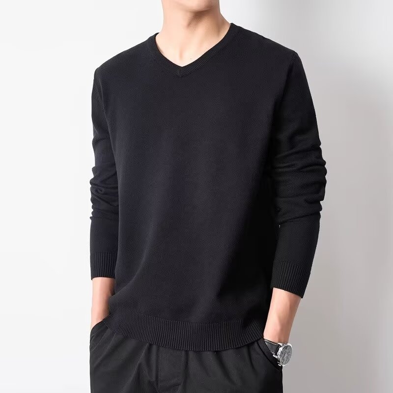 Пуловер от плетиво с V-образно деколте, мъжки, втален модел, дълъг ръкав, средна дебелина, есенно-зимен, синтетична смес с акрил