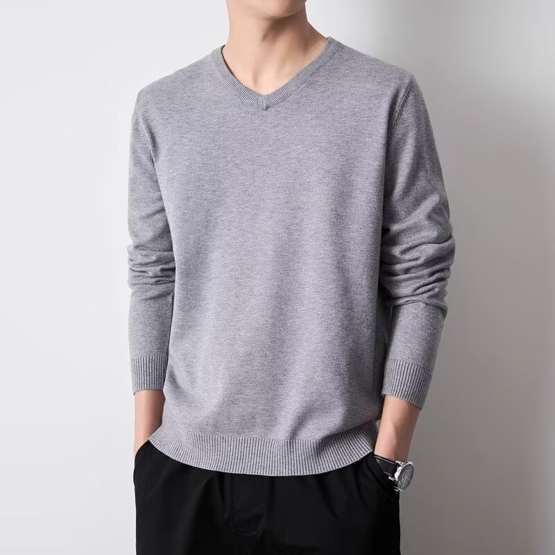 Пуловер от плетиво с V-образно деколте, мъжки, втален модел, дълъг ръкав, средна дебелина, есенно-зимен, синтетична смес с акрил