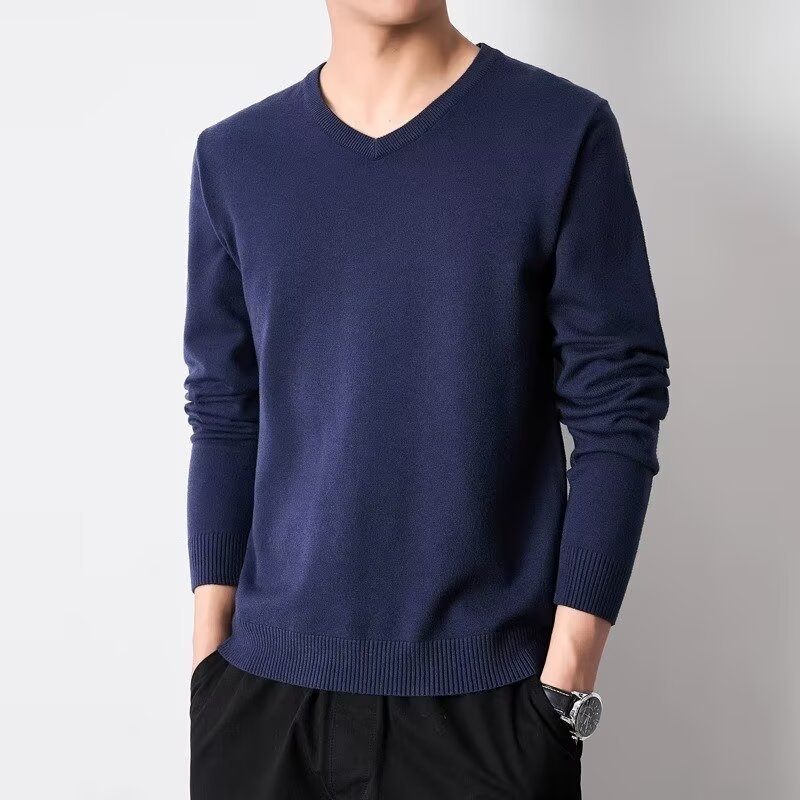 Пуловер от плетиво с V-образно деколте, мъжки, втален модел, дълъг ръкав, средна дебелина, есенно-зимен, синтетична смес с акрил
