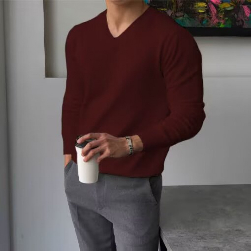 Пуловер от плетиво с V-образно деколте, мъжки, втален модел, дълъг ръкав, средна дебелина, есенно-зимен, синтетична смес с акрил