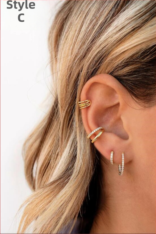 Sada náušníc s klipom na uši z meďe, elektrolyticky pokovené zlatom a zirkónmi, U-tvarovaný geometrický dizajn, pre ženy