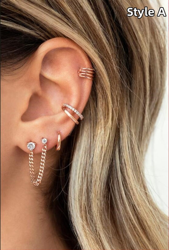 Sada náušníc s klipom na uši z meďe, elektrolyticky pokovené zlatom a zirkónmi, U-tvarovaný geometrický dizajn, pre ženy