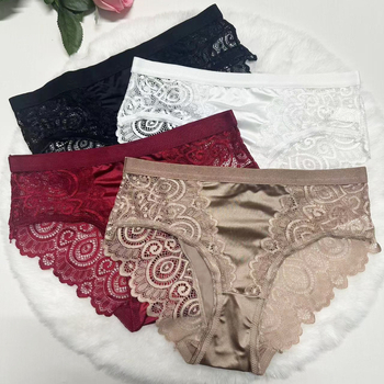 Дамски дантелени бикини със средна талия, найлонова материя, памучна подплата, дишащи