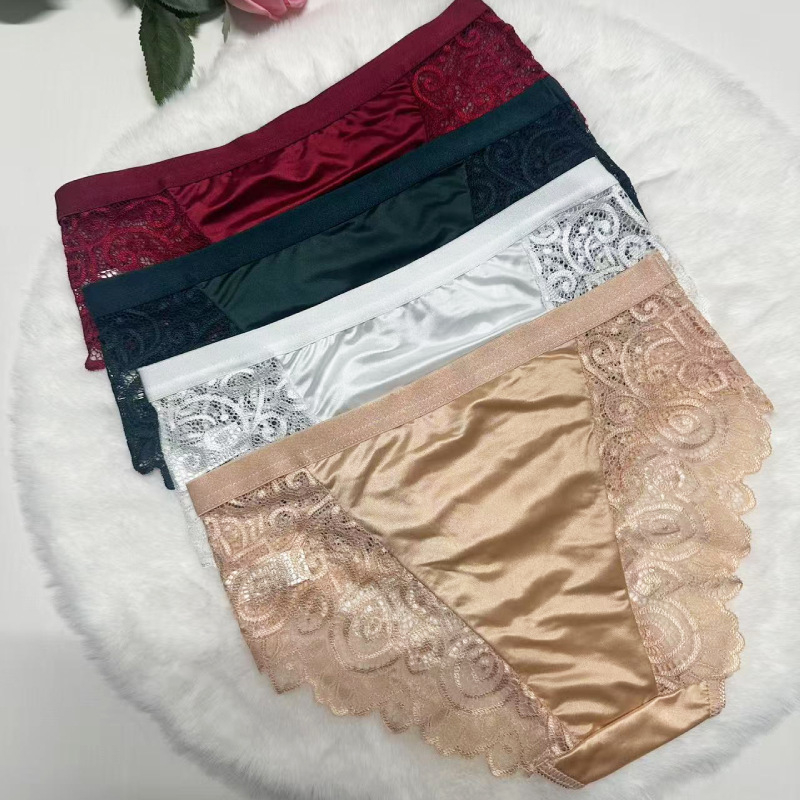 Дамски дантелени бикини със средна талия, найлонова материя, памучна подплата, дишащи