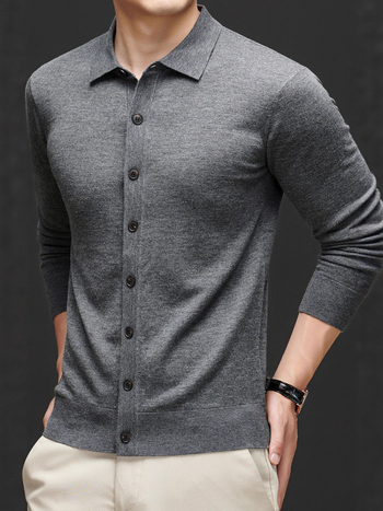 Meeste 100% villane kardigan Turn-Down kraeaga, korralik lõige, keskmise pikkusega, pikkade varrukatega