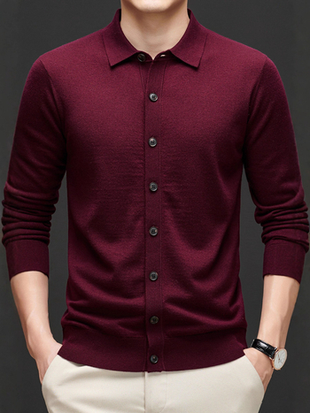 Meeste 100% villane kardigan Turn-Down kraeaga, korralik lõige, keskmise pikkusega, pikkade varrukatega