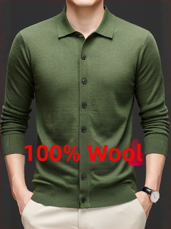 Meeste 100% villane kardigan Turn-Down kraeaga, korralik lõige, keskmise pikkusega, pikkade varrukatega