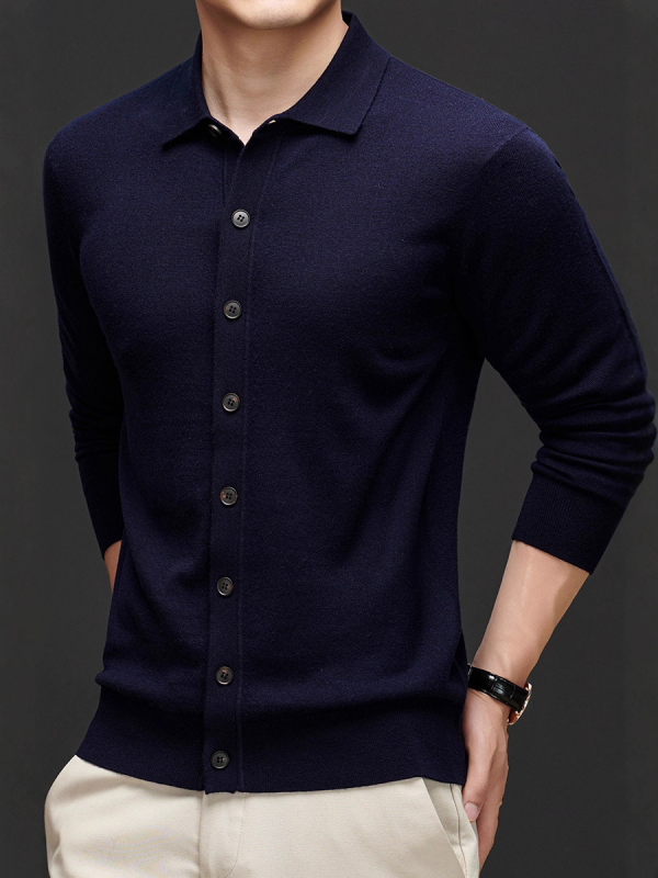 Meeste 100% villane kardigan Turn-Down kraeaga, korralik lõige, keskmise pikkusega, pikkade varrukatega