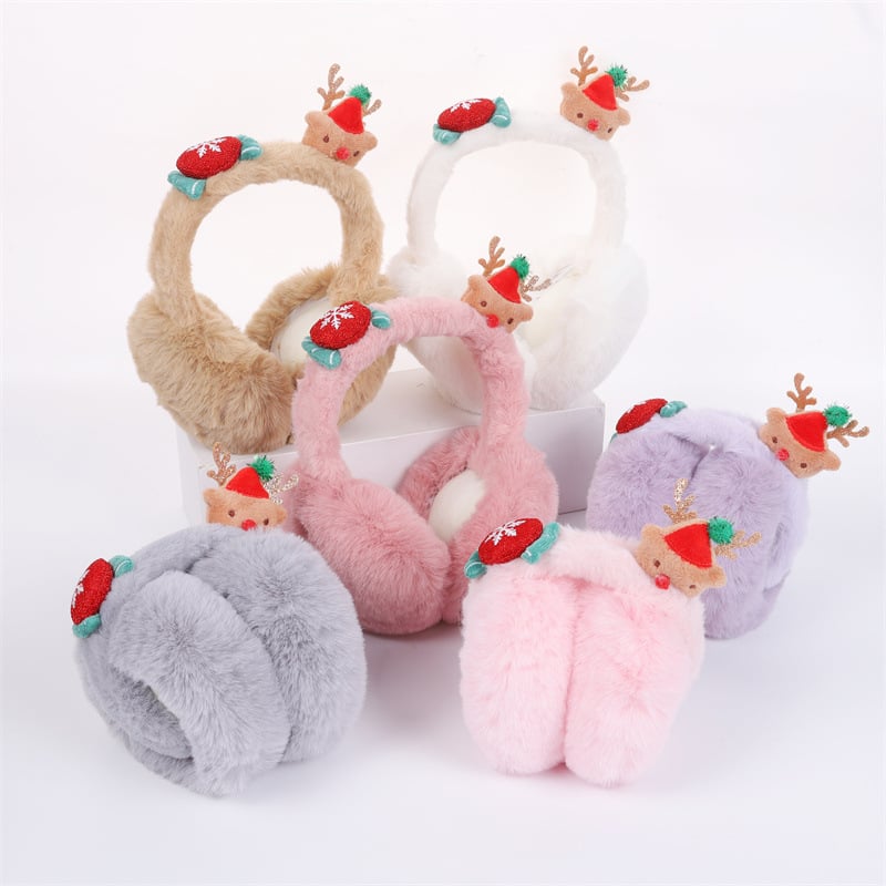 Kokkupanduvad plüüskõrvakaitsed täiskasvanutele, unisex, polüester, karikatuurne põhjapõdra motiiv, soojad talveks, sügisele ja kevadeks