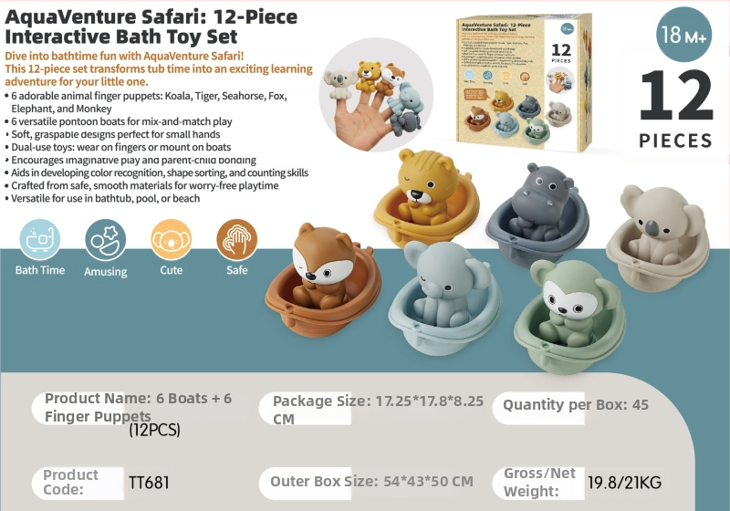 Vodne hračky pre bábätká a batoľatá – skladacie plávajúce člny s zvieratkami na prsty (Materiál: plast; Funkcia: skladanie lodí; Kategória: vodné hračky; Vek: 0–3 rokov)