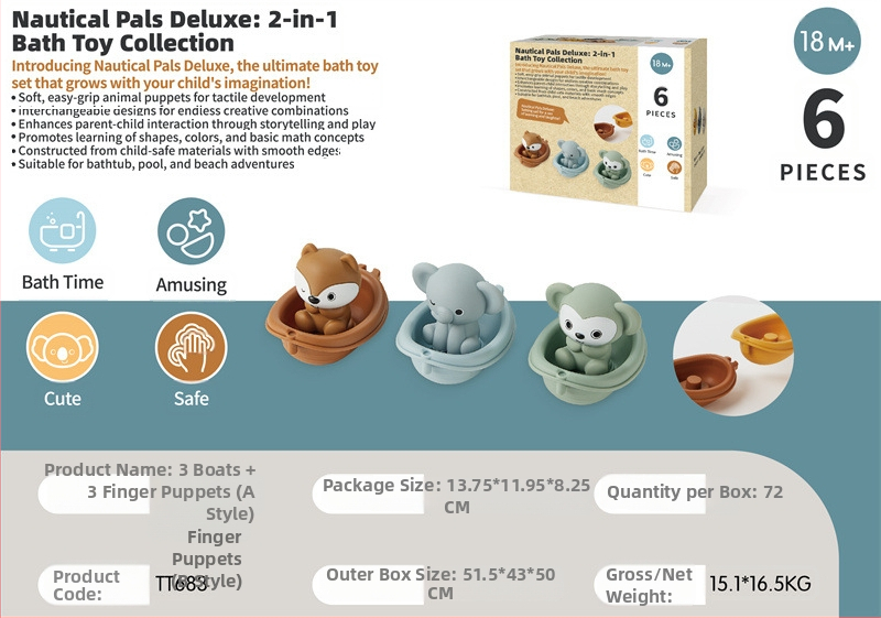 Vodne hračky pre bábätká a batoľatá – skladacie plávajúce člny s zvieratkami na prsty (Materiál: plast; Funkcia: skladanie lodí; Kategória: vodné hračky; Vek: 0–3 rokov)