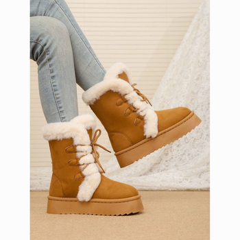 Женски зимни ботуши за сняг с средна височина над глезена, дебела платформа, връх от крави велур, гумена подметка и подплата от изкуствен флис