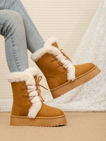 Женски зимни ботуши за сняг с средна височина над глезена, дебела платформа, връх от крави велур, гумена подметка и подплата от изкуствен флис