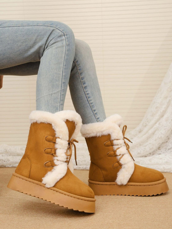 Женски зимни ботуши за сняг с средна височина над глезена, дебела платформа, връх от крави велур, гумена подметка и подплата от изкуствен флис