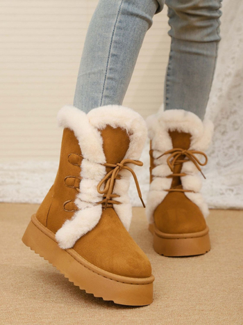 Женски зимни ботуши за сняг с средна височина над глезена, дебела платформа, връх от крави велур, гумена подметка и подплата от изкуствен флис