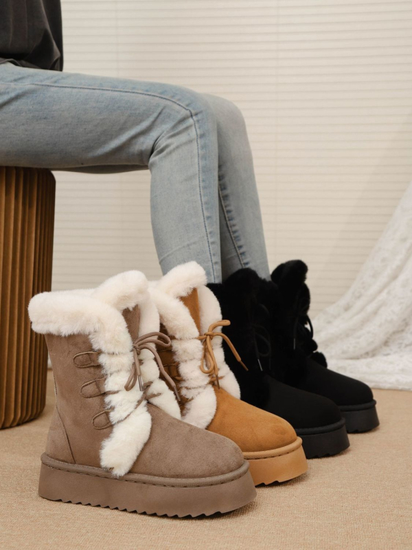 Женски зимни ботуши за сняг с средна височина над глезена, дебела платформа, връх от крави велур, гумена подметка и подплата от изкуствен флис