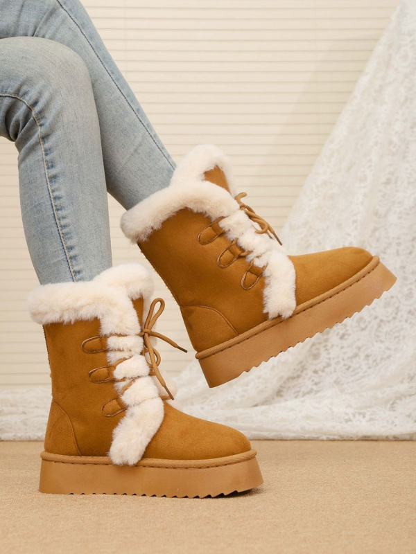 Женски зимни ботуши за сняг с средна височина над глезена, дебела платформа, връх от крави велур, гумена подметка и подплата от изкуствен флис