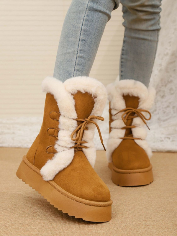 Женски зимни ботуши за сняг с средна височина над глезена, дебела платформа, връх от крави велур, гумена подметка и подплата от изкуствен флис