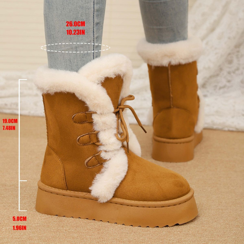 Женски зимни ботуши за сняг с средна височина над глезена, дебела платформа, връх от крави велур, гумена подметка и подплата от изкуствен флис