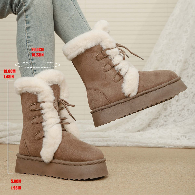 Женски зимни ботуши за сняг с средна височина над глезена, дебела платформа, връх от крави велур, гумена подметка и подплата от изкуствен флис