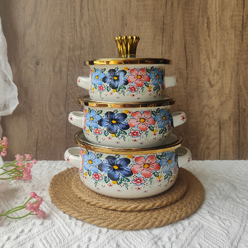 Boslang smaltovaný hrniec na polievku, 1 L, s dvojitými uchami, skleneným viečkom, jednopodlažné dno