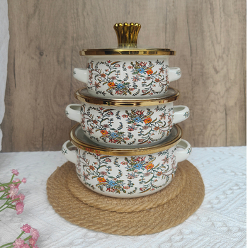 Boslang smaltovaný hrniec na polievku, 1 L, s dvojitými uchami, skleneným viečkom, jednopodlažné dno