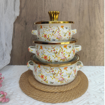 Boslang smaltovaný hrniec na polievku, 1 L, s dvojitými uchami, skleneným viečkom, jednopodlažné dno