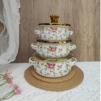 Boslang smaltovaný hrniec na polievku, 1 L, s dvojitými uchami, skleneným viečkom, jednopodlažné dno