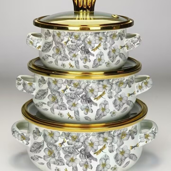 Boslang smaltovaný hrniec na polievku, 1 L, s dvojitými uchami, skleneným viečkom, jednopodlažné dno