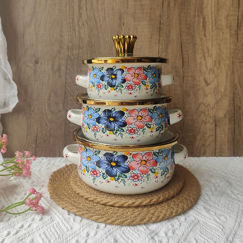 Boslang smaltovaný hrniec na polievku, 1 L, s dvojitými uchami, skleneným viečkom, jednopodlažné dno