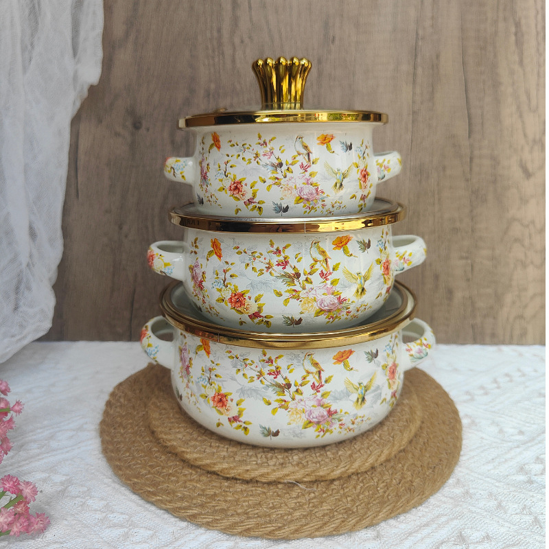 Boslang smaltovaný hrniec na polievku, 1 L, s dvojitými uchami, skleneným viečkom, jednopodlažné dno