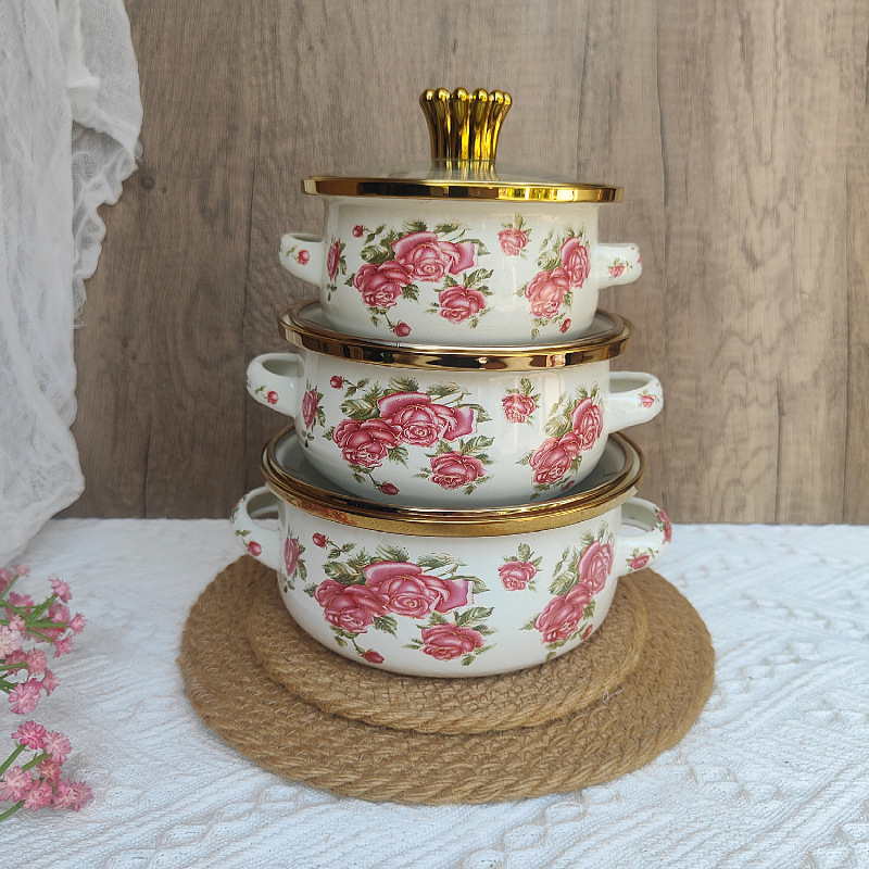 Boslang smaltovaný hrniec na polievku, 1 L, s dvojitými uchami, skleneným viečkom, jednopodlažné dno