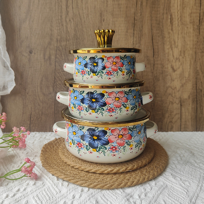 Boslang smaltovaný hrniec na polievku, 1 L, s dvojitými uchami, skleneným viečkom, jednopodlažné dno