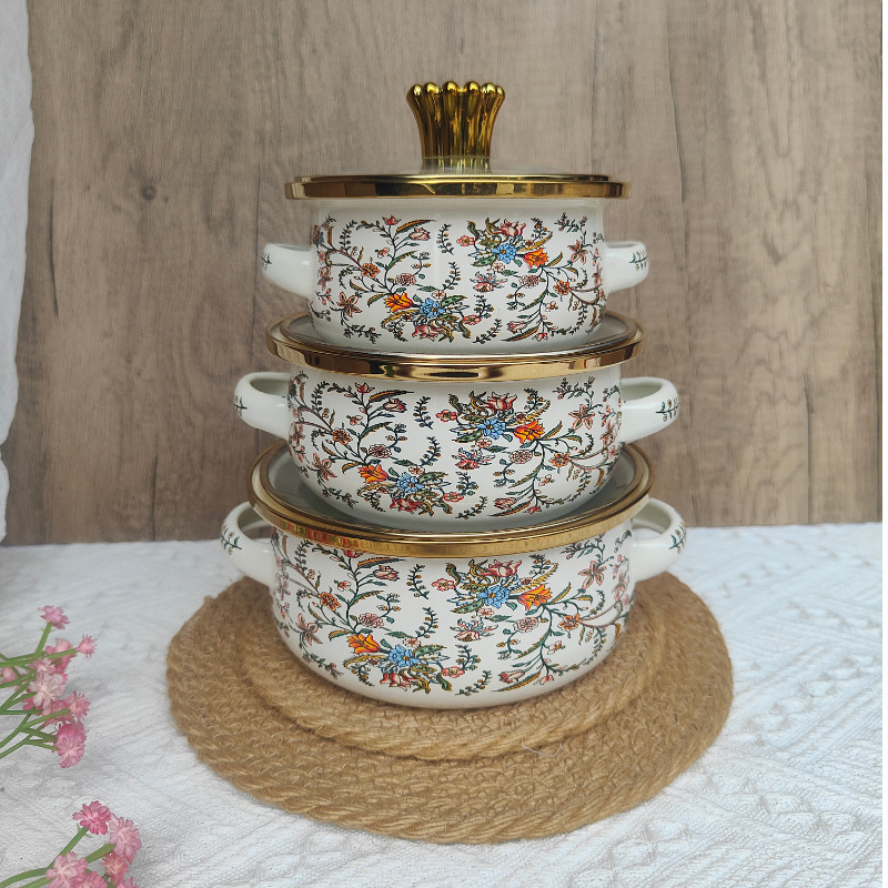 Boslang smaltovaný hrniec na polievku, 1 L, s dvojitými uchami, skleneným viečkom, jednopodlažné dno