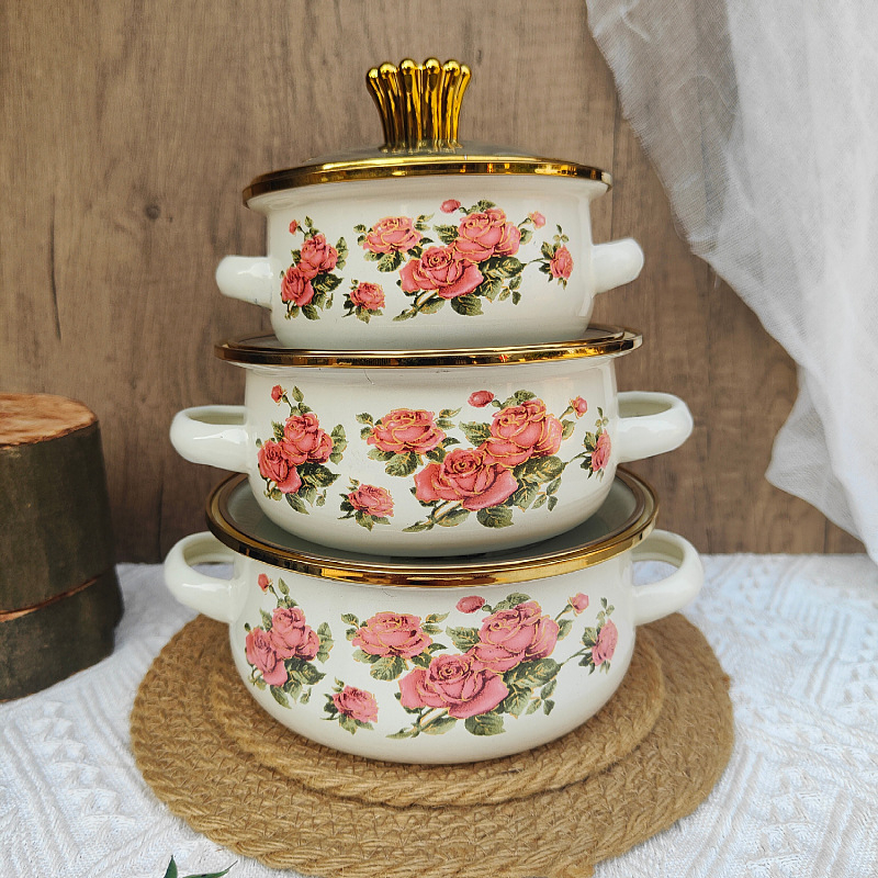 Boslang smaltovaný hrniec na polievku, 1 L, s dvojitými uchami, skleneným viečkom, jednopodlažné dno