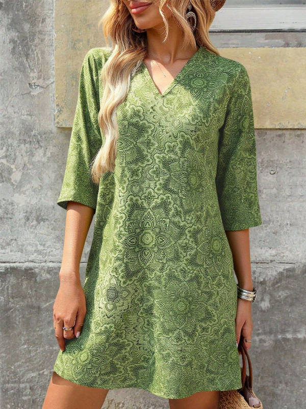 Полиестерова A-линейна рокля с принтом, V-образно деколте, 3/4 ръкави, средна дължина, летен стил 2025