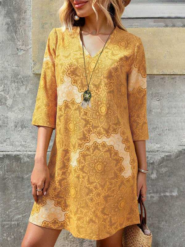 Полиестерова A-линейна рокля с принтом, V-образно деколте, 3/4 ръкави, средна дължина, летен стил 2025