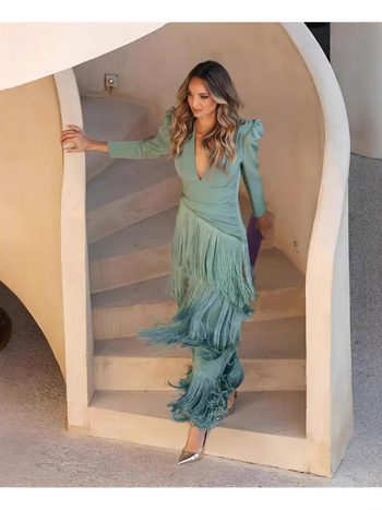 Елегантна течаща шифонена рокля с френско V-образно деколте и дълги ръкави, макси вечерна рокля; 75D плат, полиестер 81–90%, Стил: Свеж и сладък, Есен 2025