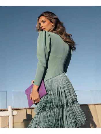 Елегантна течаща шифонена рокля с френско V-образно деколте и дълги ръкави, макси вечерна рокля; 75D плат, полиестер 81–90%, Стил: Свеж и сладък, Есен 2025