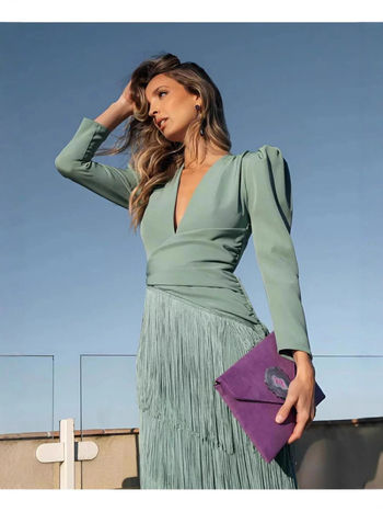 Елегантна течаща шифонена рокля с френско V-образно деколте и дълги ръкави, макси вечерна рокля; 75D плат, полиестер 81–90%, Стил: Свеж и сладък, Есен 2025