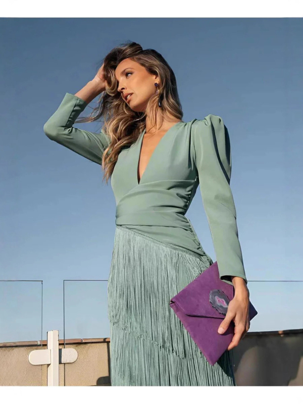 Елегантна течаща шифонена рокля с френско V-образно деколте и дълги ръкави, макси вечерна рокля; 75D плат, полиестер 81–90%, Стил: Свеж и сладък, Есен 2025